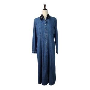 Liz Claiborne Blue Denim Vintage Maxi Dress Removeable Collar 10